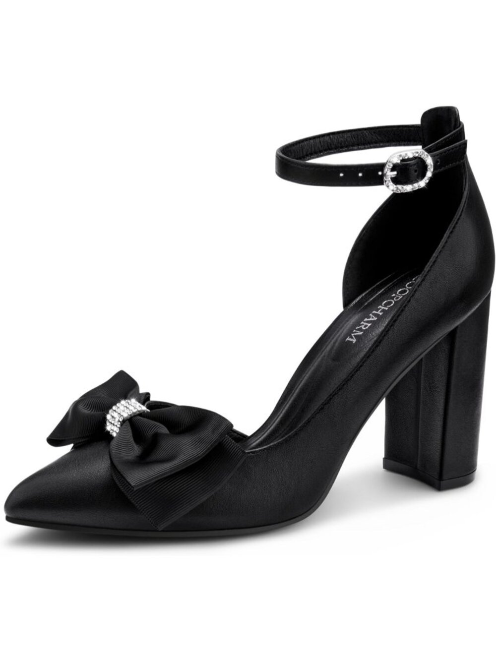 Women's Black Pu Pointed Toe Pumps Bow on Toe Ankle Strap Chunky Block Heel